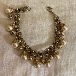Vintage Ornate‎ Charm Bracelet with Glass Faux Pearls